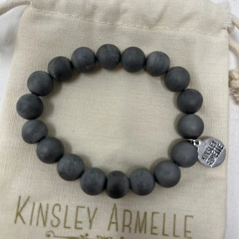 Kinsley Armelle Beaded Stretch Bracelet Set Howlite Gray Druzy 2pc w/ Tin Pouch
